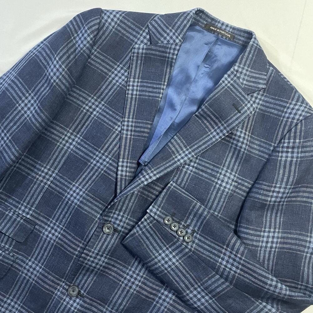 J Hilburn Mens 41S Plaid Linen Sport Coat Blazer 41 Short Blue Tailored Portugal